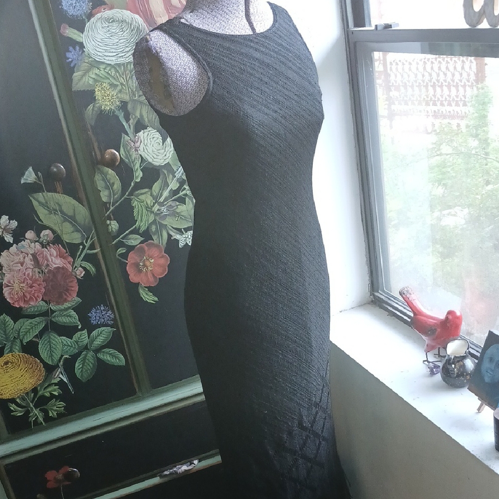 Vintage Harlow Sz 10p Elegant Black Sleeveless Dress With Flapper Fringe